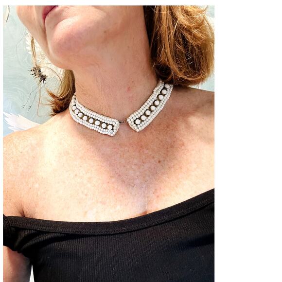 Vintage 50s Beaded Collar Made in Japan Cream Statement looks Accessories - Picture 1 of 8